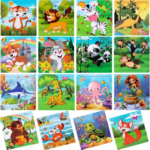 Pack 16 Puzzle in Legno di Animali, Puzzle Bambini 3 a 8 anni, Gadget Compleanno Bambini, Regalini Fine Festa Invitati, Imballaggi singoli, Giochi educativi (Set 16 puzzles)