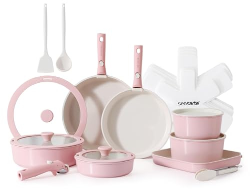 SENSARTE Nonstick Kastrullset med Avtagbart Handtag, Stekpanna Set med Lock, Köksredskapsset för Induktion, Lämplig för Alla Spisar (rosa, 24 pezzi) | Induktionsgrytset, keramiskt naturligt lager grytset, lämplig för alla typer av spisar, diskmaskinssäker, ugnssäker (rosa)
