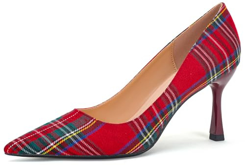 Canvas lågt skurna spetsiga klackar vardagliga pumpar för kvinnor lätta reseklackar andningsbara tartan bröllop gästskor bekväma kattungar klackar daglig vardaglig fest