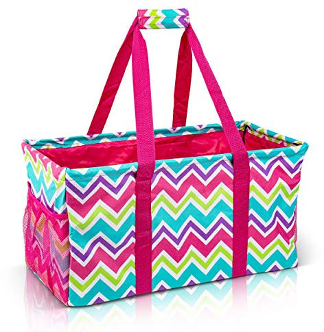 Lucazzi Extra Large Utility Tote Bag - Oversized Collapsible Reusable Wire Frame Rectangular Canvas Basket With Two Exterior Pockets For Beach, Pool, Laundry, Car Trunk, Storage - Chevron Multi