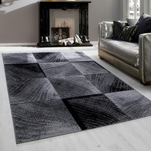 Teppium Moderner Kurzflor Teppich Wohnzimmer 200x300 (200 x 290 cm) Schwarz - Flauschiger Teppich Waschbar, Kariert Design, Pflegeleicht, Weich - Ideal für Schlafzimmer, Esszimer und als Küchenteppich