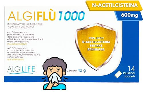 ALGIFLU 1000 Suplemento para resfriados a base de N-acetilcisteína, inmunoestimulantes, fermentos lácticos y vitaminas. Shitake y Echinacea para promover las defensas naturales del cuerpo.