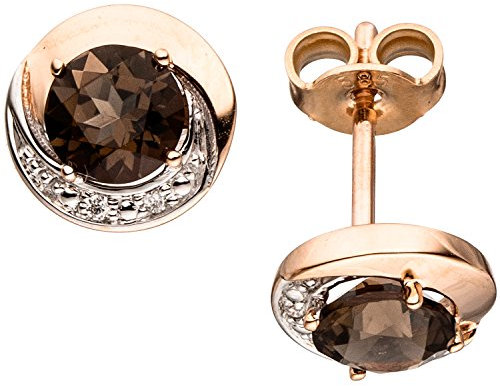 Jobo Damen-Ohrstecker aus 14 Karat 585 Rosegold mit Rauchquarz Rund und 4 Diamanten