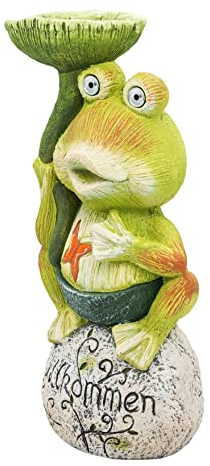 Wichtelstube-Kollektion XXL LED Gartenfigur ca. 58cm groß Frosch Deko Vogeltränke solar Willkommen Schriftzug Gartendeko stehend frostsicher für Garten Balkon