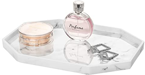 Shinowa Decorative Tray, Resin Bathroom Vanity Tray Octagon Perfume Tray Jewelry Ring Dish Tray for Bathroom Vanity Countertop Bedroom Dresser Living Room Table Kitchen Sink, Large, Marble White