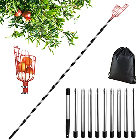 Cueille Fruit avec Manche Telescopique 4.3M, Ramasse Fruit Telescopique de Inox, Cueille Fruits, Cueille Pomme Griffe, Cueilleurs de Fruits, Outil Cueillette Jardin Arbre Poires Pêches Ø 145mm