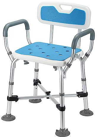 Sonnewelt Sgabello da doccia per anziani, regolabile in altezza, 180 kg, sedia da doccia con doppia traversa rinforzata, sicuro, sedile da doccia con schienale e braccioli, sgabello da bagno per la