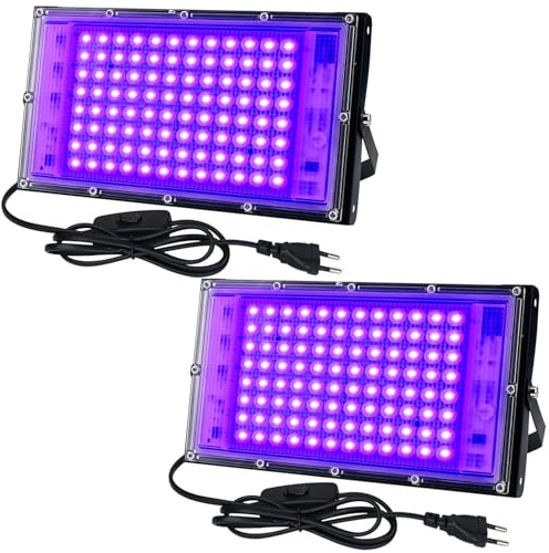 CREATESTAR LED Luce Nera 100W 2 Pezzi, Faro UV LED IP65 Impermeabile Faretto UV con 1,5m Spina, Lampada per Festa Glow, Acquario, Bar, Poster Fluorescente, Halloween, Discoteca (100W(2PCS))