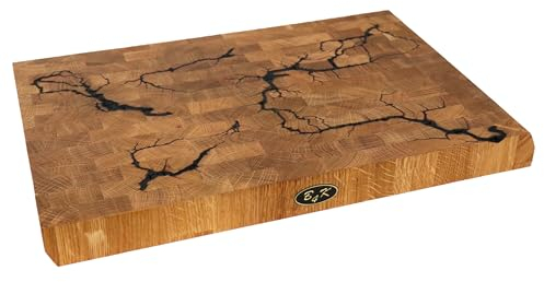 B4K® Hackblock aus Eiche 45x30x4 cm | Lichtenberg-Blitze Design | Premium Hirnholzbrett mit Griffen | Handgefertigtes Schneidebrett | Antibakteriell & Messerschonend