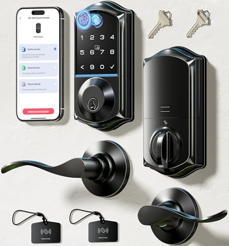 Veise VE017-L Fingerprint Smart Lock with Lever Handles, App Control, Keyless Entry Front Door Lock Set, Electronic Digital Keypad Deadbolt, Remote Grant, Emergency Power Port, Auto Lock, Matte Black