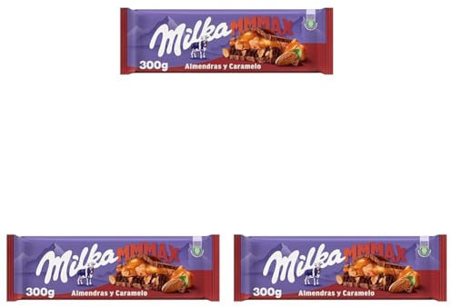 Milka MMMAX Tableta Grande de Chocolate con Leche de los Alpes con Relleno de Cacao y de Caramelo con Trozos de Almendra Caramelizada y Salada 300g (Paquete de 3)