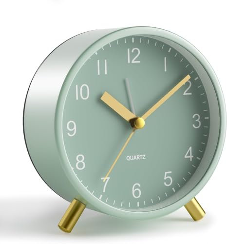 Jisile Analog Wecker - Ohne Tickgeräusche, Moderner Quarzwecker mit Goldenem Ständer, Salbeigrün Zifferblatt, Retro Design für Schlafzimmer