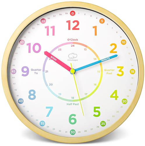 LittleHippo Learning Clock for Kids for Teaching to Tell Time - Kid's Analog, Silent, Non-Ticking Wall Clock for Bedrooms, Nursery, Playroom, School Classroom, Study to Learn to Tell Time