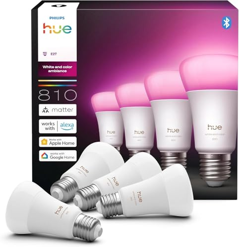 Philips Hue Smart LED A60 ljuskälla, White and color ambiance, E27-sockel, 6W, Fullspektrumljus 1000K-20000K, 810 lumen, Dimbar, Fungerar med Alexa, Google Assistant och Apple Home, 4-pack