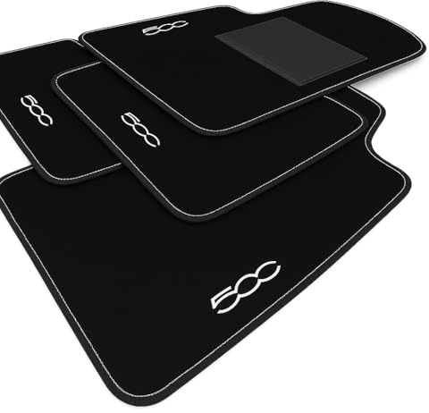Tapisets de Voiture pour la 500 à partir de 2010 | Kit Complet de 4 Tapis de Voiture Brodés avec Bord Noir et Couture Blanche | Moquette de Haute Qualité | Fond Antidérapant | Seuil en PVC | Longue
