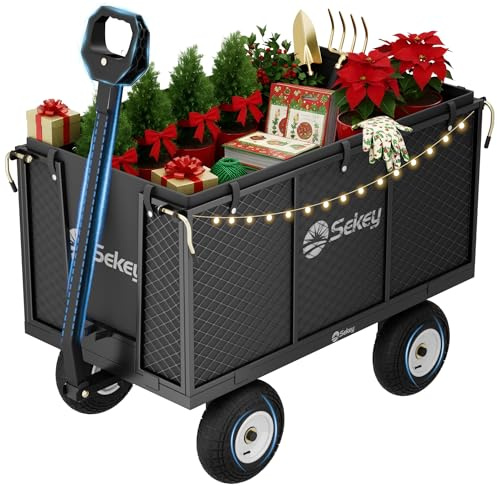 Sekey Bollerwagen Gartenwagen 550KG Belastbar, Transportwagen Transportkarre Gerätewagen mit Patentiertem Handgriff, Vollgummi-Luftreifen, Serie Titan, 200L, Grau