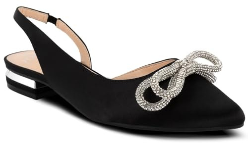 Jones New York Women’s Pointed Toe Slingback Flats with Rhinestone Bow, Low Heel Dress Shoes for Work or Evening - Quentina-Black Satin Size 8