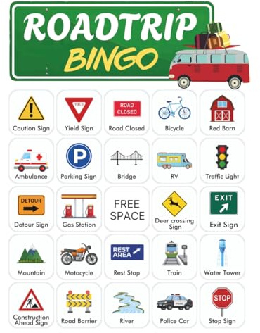 Road Trip Bingo: 32-Player Travel Car Games for Family Vacations, RV Camping Trips, Kids' Road Trip Activity, Road Trip Game
