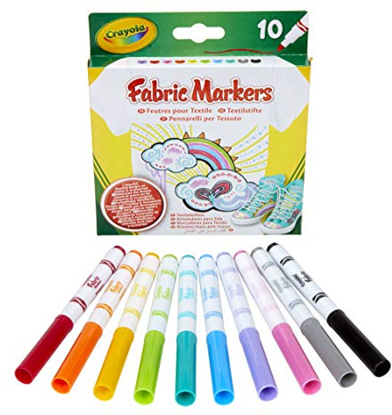 Crayola - Marqueurs pour tissu, 10 pièces, rouge, rose, orange, jaune, violet, vert clair, bleu, bleu clair, gris, noir, Pour décorer les T-shirts et les objets en tissu, 58-8633