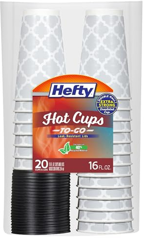 Hefty Paper Disposable Hot Cups with Lids, 16 Ounce, 20 Count