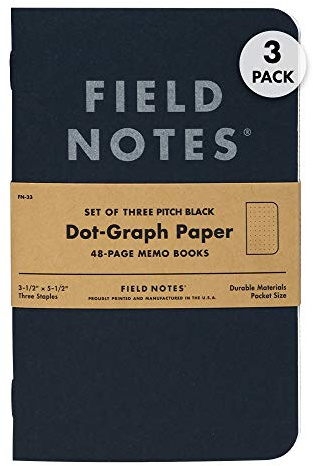 Field Notes 3-Pack Pitch Black Memo Books (3.5 X 5.5), Dot-Graph, 48 Pages | Thin Pocket Sized EDC Notebook With 90 GSM Paper & Paperback Cover | Work Notebooks For Note Taking | Made in the USA