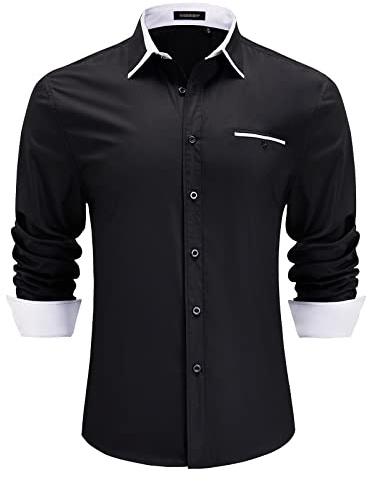 HISDERN Mens Black Shirts Long Sleeve Regular Fit Dress Shirt Business Casual Button Down White Collar Shirt Gifts for Men,Black & White,M