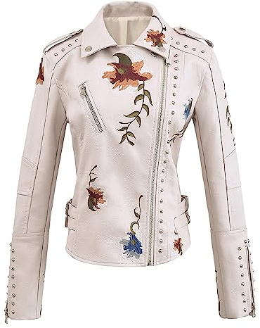 YILANUOYI Women's Embroidered Studded Faux Leather Jacket Moto Punk Jacket Floral Coat (XXL, XHPY Beige)