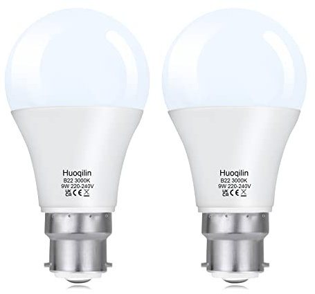 Huoqilin Bayonet Light Bulb 60 Watts Equivalent,B22 9W Led,Warm White 3000K,Energy Saving Light Bulb,Non Dimmable,Pack of 2