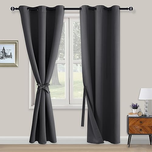 XWZO Blackout Curtains Shades Window Curtain Panels with Tiebacks- Noise Reduction and Thermal Insulated Eyelet Curtains for Bedroom,Living Room,Office,Study Room Dark Grey W46xL90