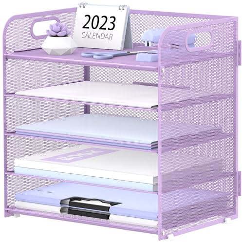Supeasy 5 Trays Paper Organizer Letter Tray with Handle-Mesh Desk File Holders, Paper Sorter Desk Organizer for Office, Home, Classeoom or School, Purple
