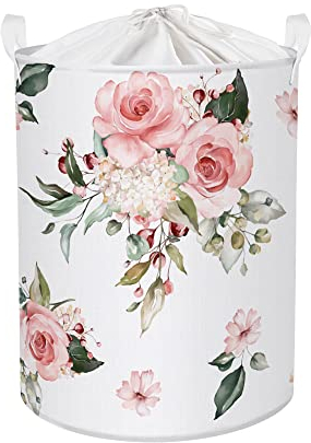 Clastyle 63L Cesta Ropa Sucia Infantil Mujeres de Flores Rosas con Tapa Cestos Almacenaje Juguete Blanco Grande Impermeable para Chica, 40x50 cm