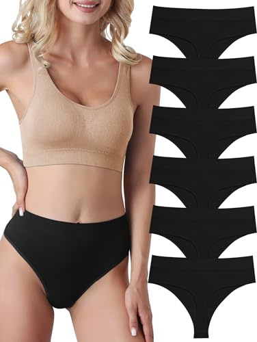 Evolyline Lot de 6 tangas pour femmes - Culottes taille haute - Strings sans coutures - Sous-vêtements en coton - Tangas respirant et doux, Noir , L