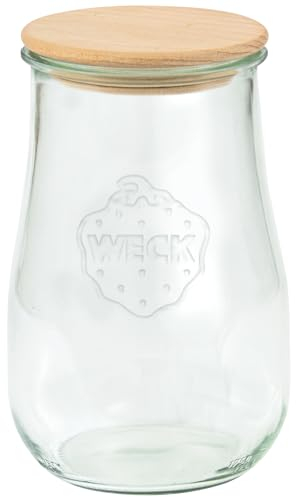 Weck Gläser Rundrandglas Tulpenform #738 (4 Stück, Inhalt 1500 ml, Vorratsglas mit Holzdeckel + Silikondichtung, Aufbewahrungsglas für Nudeln/Gewürze/Müsli) 79206, Klar