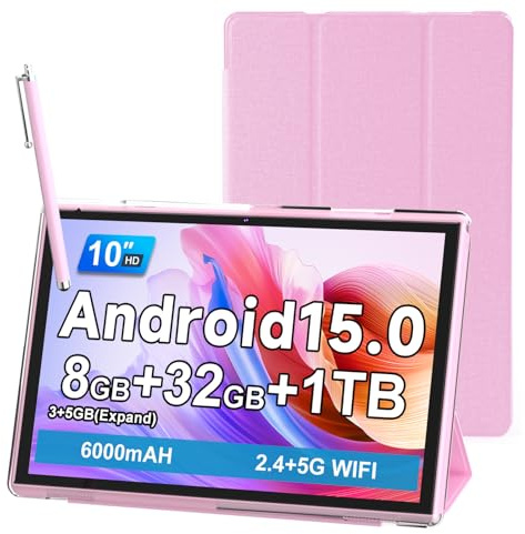 10 Inch Tablet With Case Stylus, Android 15 Tablets 8GB RAM 32GB ROM Support 1TB Expand, 10.1 IN Tableta Includes Tablet Protective Cover Dual Camera 5G WiFi-6, 6000mAh Battery 10 Android Tablet.