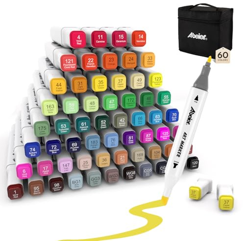 ABEIER 60 Colori Pennarelli Doppia Punta ad Alcool Professionali, Pennarelli Disegno Artistico con Asciugatura Rapida per Pittura, Schizzi e Colorazione per Adulti