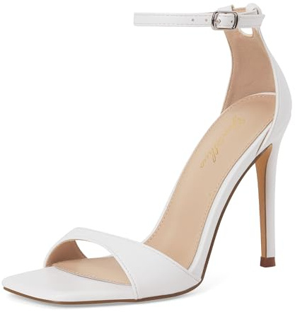 GENSHUO Escarpins à talons hauts pour femme, bride unique, bout ouvert, talon aiguille de 10 cm, élégants pour mariage et soirée， Blanc mat， 41 EU