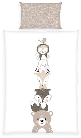 Herding babybest Kleinkinder-Bettwäsche-Set, Woodland Crew Wendemotiv, Kopfkissenbezug 40 x 60 cm, Bettbezug 100 x 135 cm, Mit Reißverschluss und Hoteleinschlag, 100% Baumwolle/Renforcé