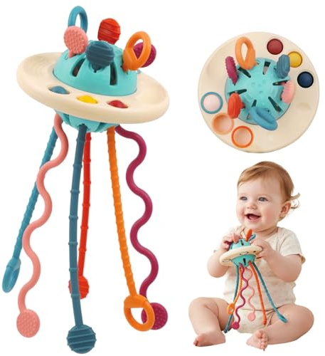 Fyxttalor Baby Toy for 12M+, Montessori Sensory Toy Play Set for Toddlers, UFO Pull String Toy in Stollers Educational Toy for Development Fine Motor Skills Gift for Boys& Girls