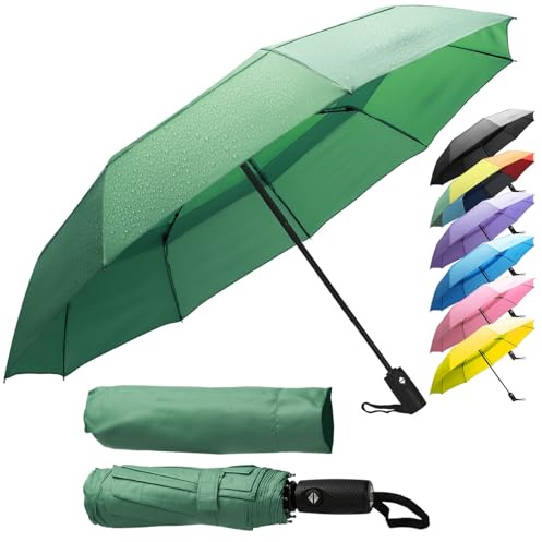 ZENO Travel Umbrella Compact - Small Umbrella for Backpack & Purse, Portable Automatic Umbrellas for Rain, Windproof, Reinforced Fiberglass Ribs, Water-Repellent Teflon, Green