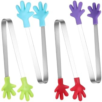 FUGLUS 4 Pezzi Mini Pinza Silicone Ghiaccio, 12.5cm Mini Forma Mano Pinza Cucina, Antiscivolo Pinze Forma Mano per Zucchero in Acciaio Inox Silicone, per Contenere Dessert (17.2 * 11.1cm)