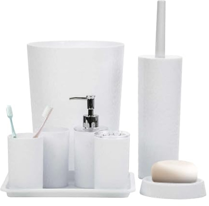 Rosewill Bathroom Accessories 8-Piece Set – Trash Can, Toilet Brush with Holder, Lotion Dispenser, Toothbrush Holder, 2 Toothbrush Cups, Soap Dish & Tray - White