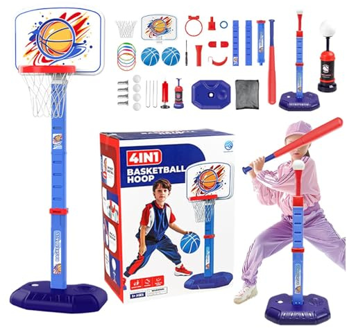 Set de aro de baloncesto, aro de baloncesto para niños pequeños | 4 en 1 para niños de béisbol de béisbol altura ajustable | Juego de pelota de juguetes deportivos al aire libre para la sala interior,