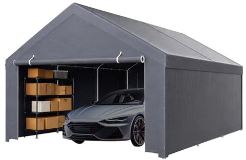 Peviasot Tienda de campaña para garaje, 4 x 6 m, color gris, lona de polietileno con marco de acero galvanizado, con anclajes y cuerdas tensoras, refugio y tienda de almacenamiento para coche, equipos