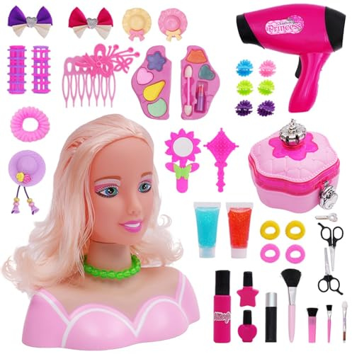 Vistnale Set da Parrucchiere per Bambini 41 Pezzi/Set Gioco di Ruolo da Parrucchiere Carino per Bambini Testa di Bambola per Acconciature con asciugacapelli e Accessori di Trucchi per Ragazze Set2