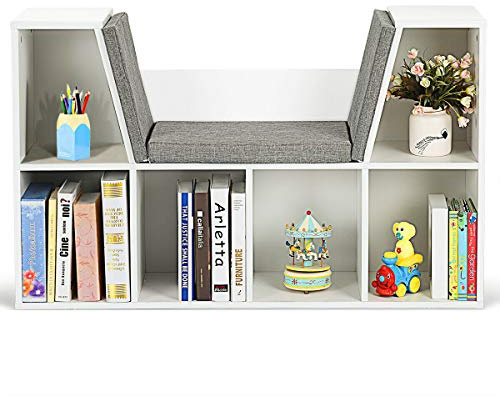 COSTWAY Scaffale per Libri, Libreria Panca in Legno con Cuscini per Bambini (BIanco)