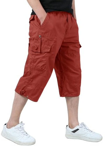 KEFITEVD Cargo Shorts Men 3/4 Length Shorts Long Short Pant Cropped Trouser | Multi pockets, elastic waist, casual work shorts, cotton capri trousers, summer below knee, 15 inch, comfortable, lightweight