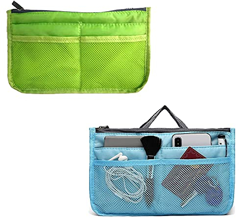 CaiYuanGJ 2 Stück Reise Organizer Tasche, Organizer Tasche Klein, Handtaschen Organizer, Multifunktions Handtaschen Organizer, Erweiterbar, 13 Taschen, für Reise Make Up (Grün und Blau)