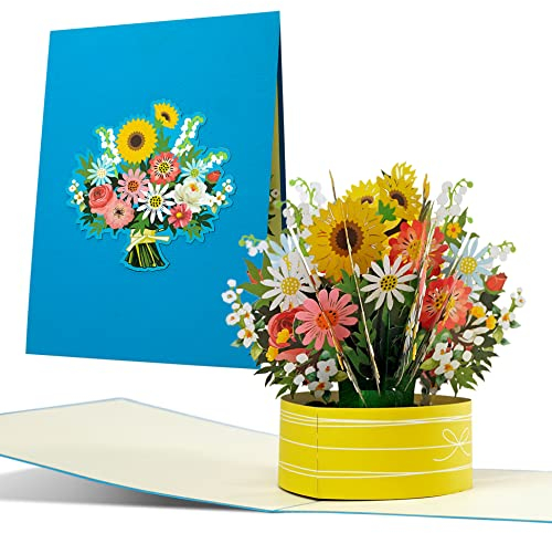Glückwunschkarte mit 3D Blumenstrauß | Pop Up Karte mit fröhlich-bunten Blumen z. B. als Geburtstagskarte, Gute Besserung Karte, Dankeskarte, Gutschein, F24