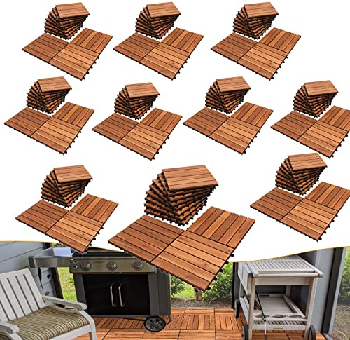 Joparri 100 stycken golvplattor 30 × 30 cm, 10 m2 träplattor för balkong, halkskydd och dränering, terrassplattor, kan skäras till, träplattor för trädgård terrass balkong