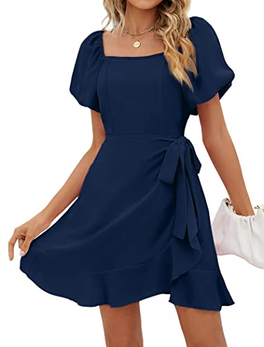 Sampeel Womens Summer Ruffles Short Sleeve Wrap Chiffon Off Shoulder Dresses Easter Navy XL